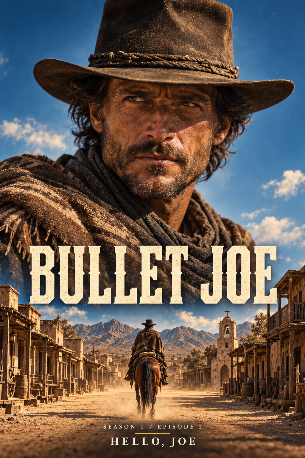 Joe in his weathered hat above a lone rider entering a desert town